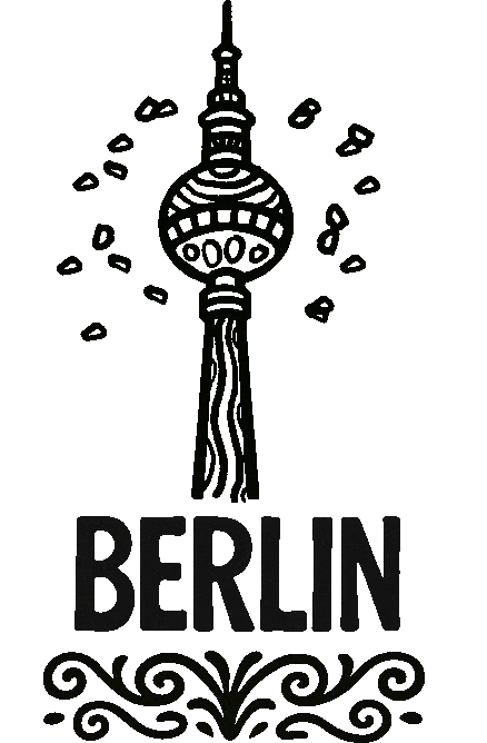Eine Schwarz-Weiß animierte Zeichnung des Berliner Fernsehturms. Er voller organischer Muster. Von ihm fliegen kleine Teilchen weg und lassen ihn knistern.