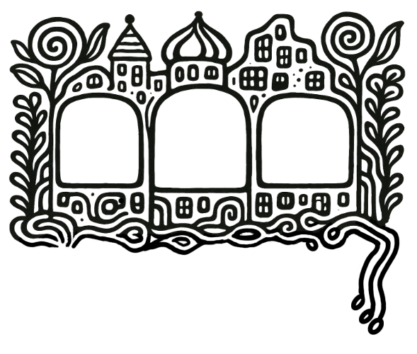 Die drei Buttons des Hauptmenüs sind in eine Fassade aus Zwiebeltürmen, Pflanzen und weiteren Verzierungen eingebettet.