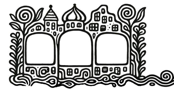 Die drei Buttons des Hauptmenüs sind in eine Fassade aus Zwiebeltürmen, Pflanzen und weiteren Verzierungen eingebettet.