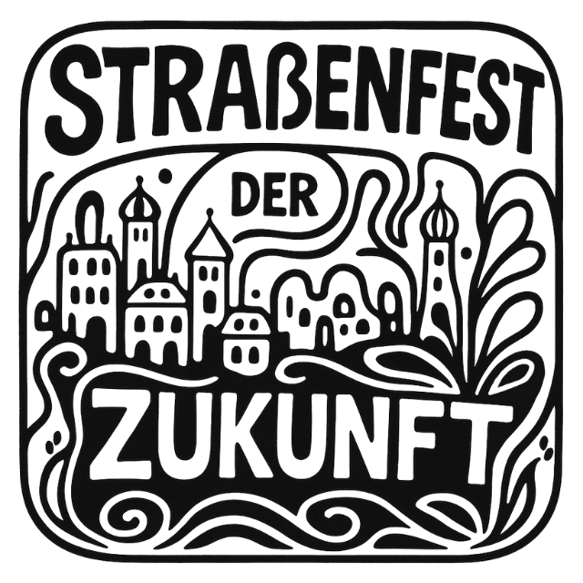 Das Logo zeigt eine ornamentale Stadt im Hundertwasser Stil. Es gibt drei Zwiebeltürme und mehrere Häuser, die in geschwungenen Linien schwarz auf weiß gezeichnet sind. Die Schrift "Straßenfest der Zukunft" ist durch florale Verzierungen mit der Stadt verschmolzen.