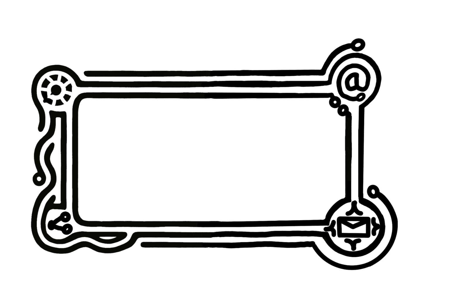 Ein dekorativer Rahmen in den Symbole wie @, E-Mail oder das Enblem der Nachrichtenapp Signal eingearbeitet sind.