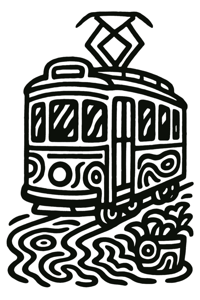 Verspielte Schwarz-Weiß Zeichnung einer alten Straßenbahn. Sie ist voller floraler Muster.