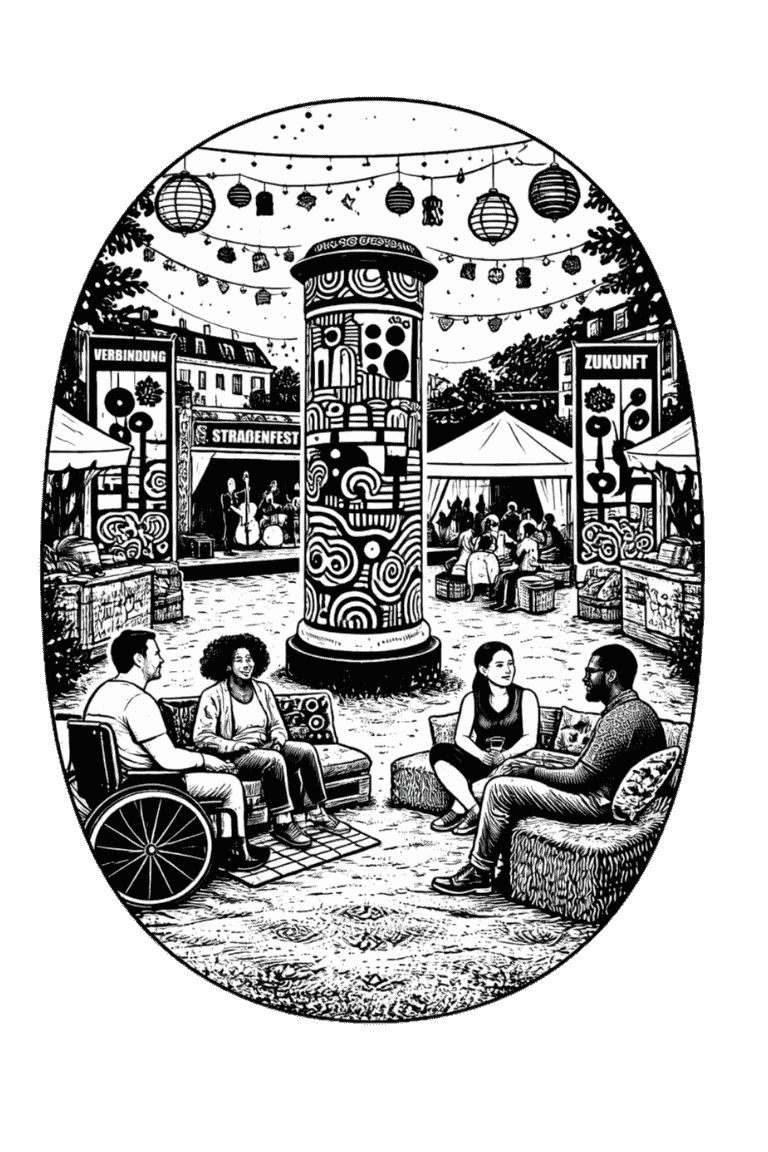 Schwarz-Weiß Stil eines Straßenfests. 4 diverse Menschen sitzen zusammen und unterhalten sich. Im Hintergrund sind Stände, Lampignonketten und eine Litfaßsäule.